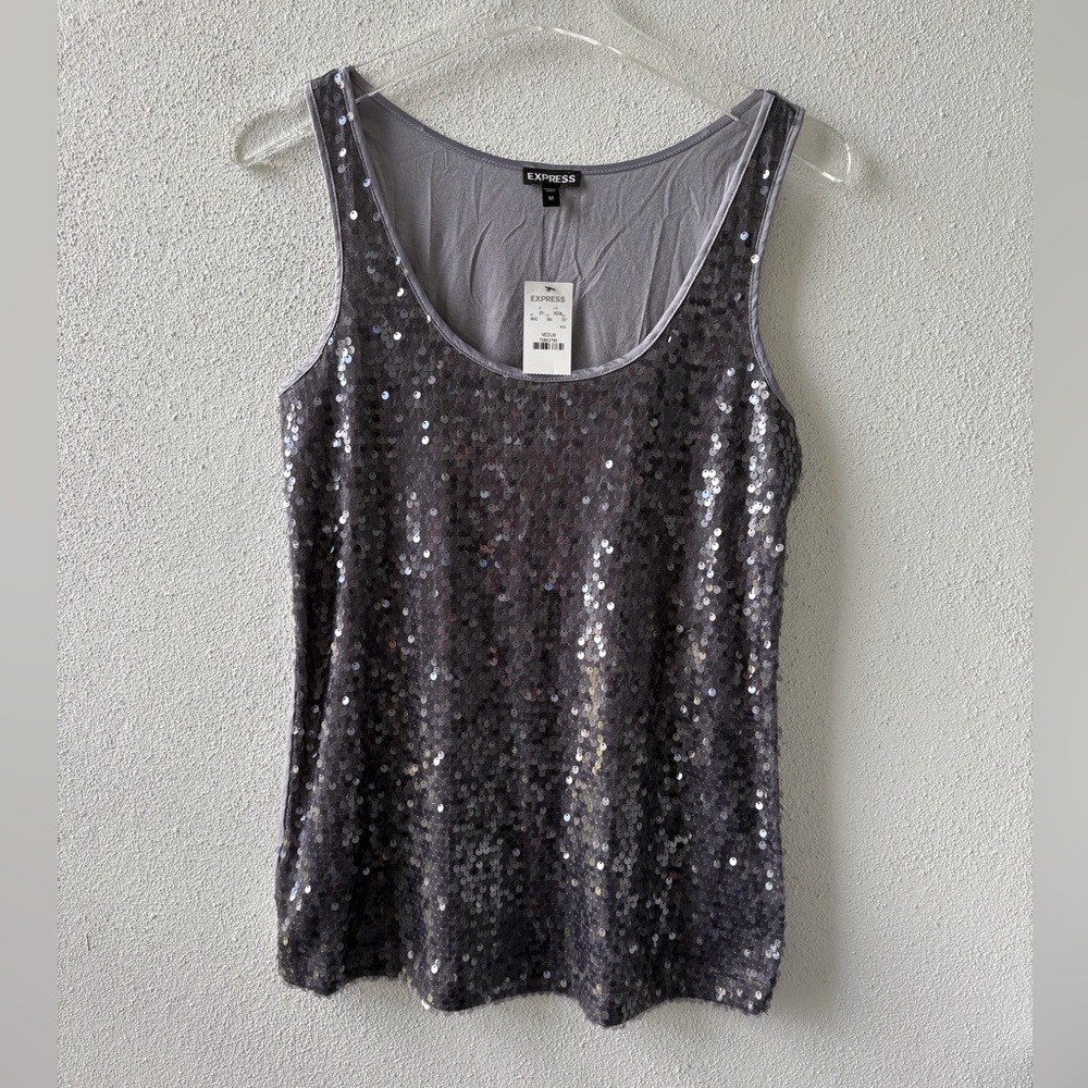 Express NWT Gray Sequin top Sleeveless Size M Prom‎ Gala Wedding Formal Cruise